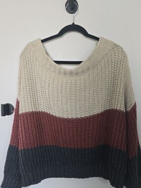 Aakaa Cream, Rust & Charcoal Colorblock Crewneck Sweater